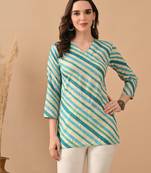 Teal cambric cotton printed formal short kurta
