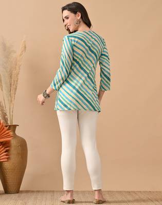 Teal cambric cotton printed formal short kurta 2