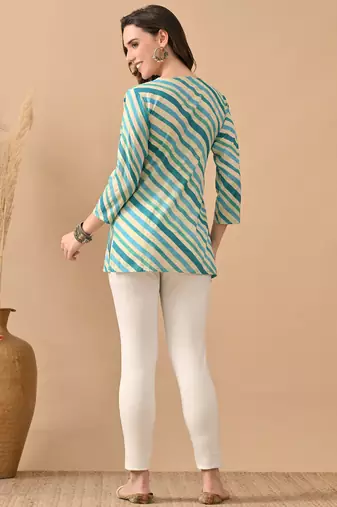 Teal cambric cotton printed formal short kurta