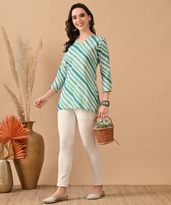 Teal cambric cotton printed formal short kurta 3