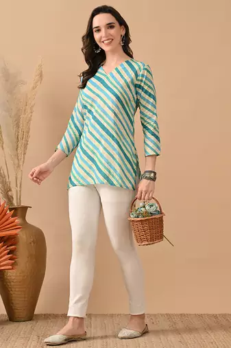 Teal cambric cotton printed formal short kurta