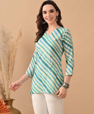 Teal cambric cotton printed formal short kurta 4