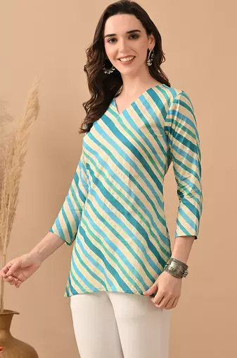 Teal cambric cotton printed formal short kurta