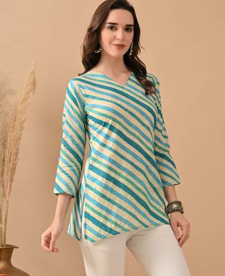 Teal cambric cotton printed formal short kurta 5