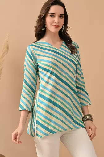 Teal cambric cotton printed formal short kurta