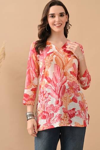 Pink cambric cotton printed formal short kurta