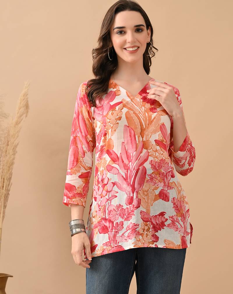 Pink cambric cotton printed formal short kurta