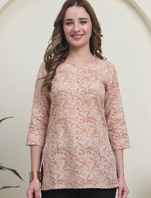 Peach cambric cotton printed formal short kurta 1