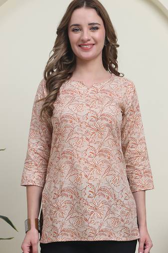 Peach cambric cotton printed formal short kurta