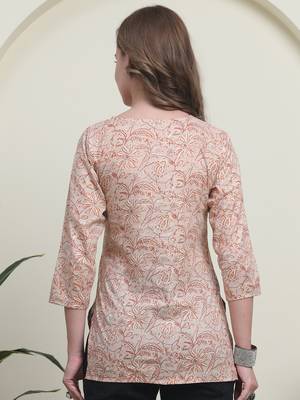 Peach cambric cotton printed formal short kurta 2