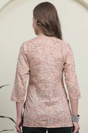 Peach cambric cotton printed formal short kurta