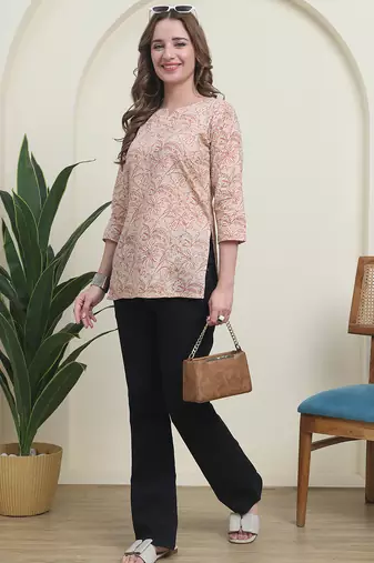 Peach cambric cotton printed formal short kurta