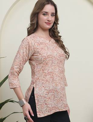 Peach cambric cotton printed formal short kurta 4