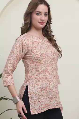 Peach cambric cotton printed formal short kurta