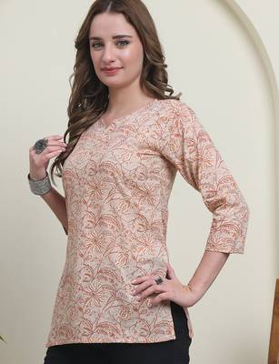 Peach cambric cotton printed formal short kurta 5