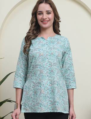 Teal cambric cotton printed formal short kurta 1