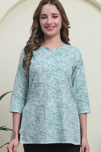 Teal cambric cotton printed formal short kurta