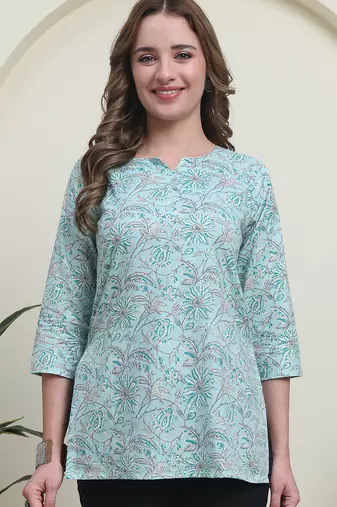 Teal color cambric cotton fabric designer printed formal short kurta