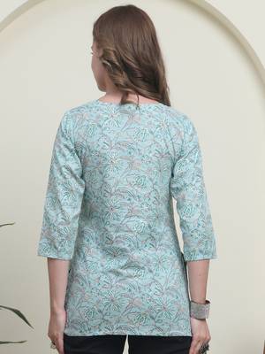 Teal cambric cotton printed formal short kurta 2