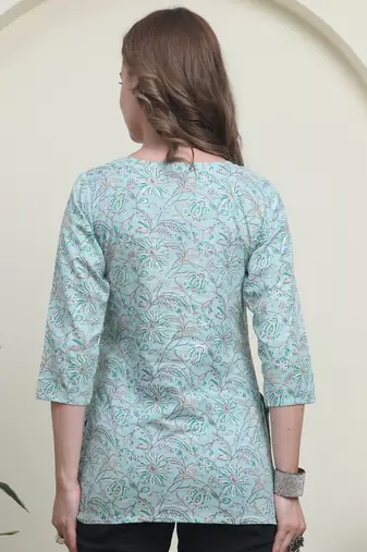 Teal cambric cotton printed formal short kurta