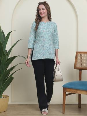 Teal cambric cotton printed formal short kurta 3