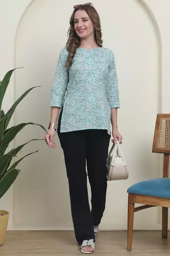Teal cambric cotton printed formal short kurta