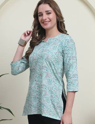 Teal cambric cotton printed formal short kurta 4