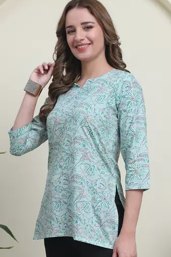 Teal cambric cotton printed formal short kurta