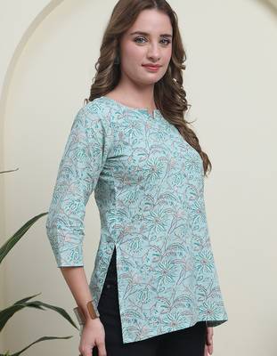 Teal cambric cotton printed formal short kurta 5
