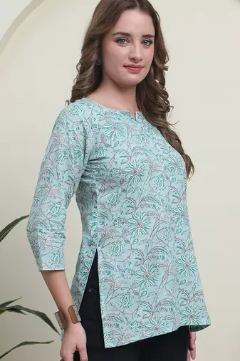 Teal cambric cotton printed formal short kurta