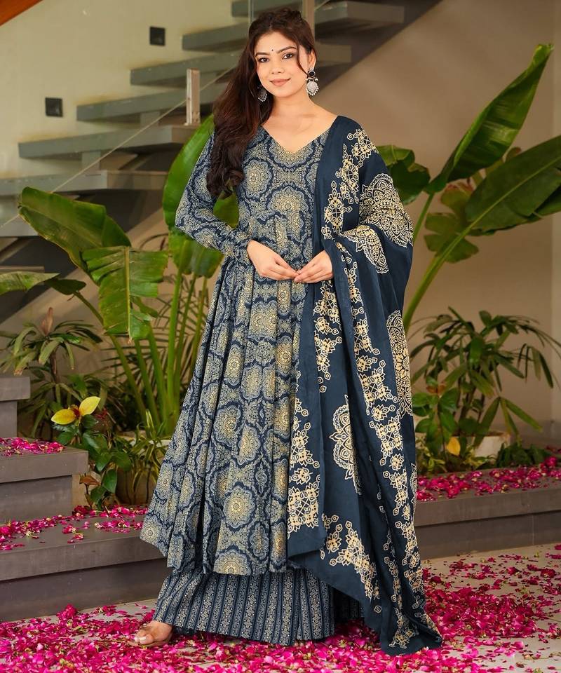 Teal muslin digital printed palazzo suit