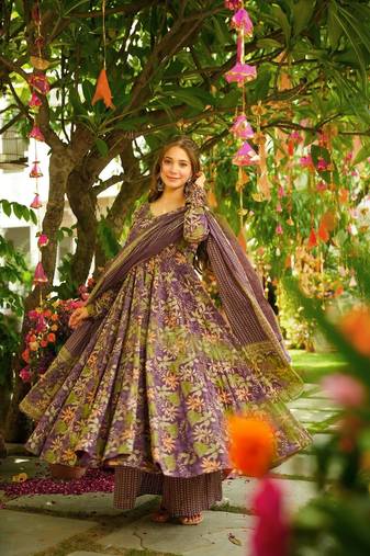 Purple muslin digital printed palazzo suit