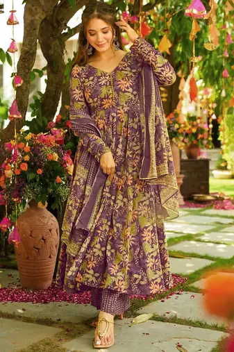 Purple muslin digital printed palazzo suit