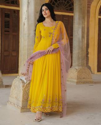Yellow georgette embroidered gown  1