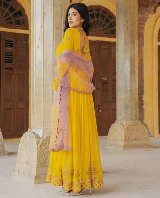 Yellow georgette embroidered gown  2