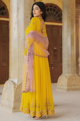 Yellow georgette embroidered gown 
