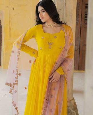 Yellow georgette embroidered gown  3