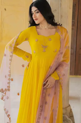 Yellow georgette embroidered gown 