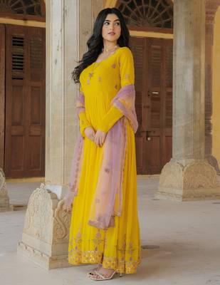 Yellow georgette embroidered gown  4