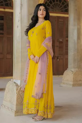 Yellow georgette embroidered gown 