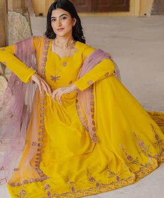 Yellow georgette embroidered gown  5