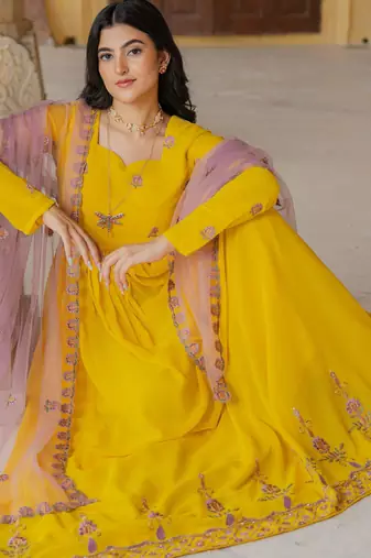 Yellow georgette embroidered gown 