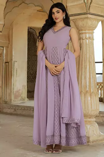Lilac georgette embroidered gown 