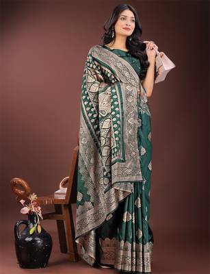 Green silk saree with blouse 1
