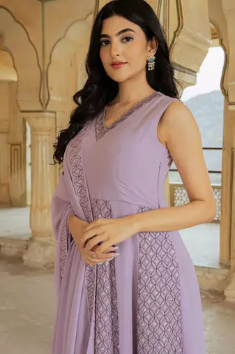 Lilac georgette embroidered gown 