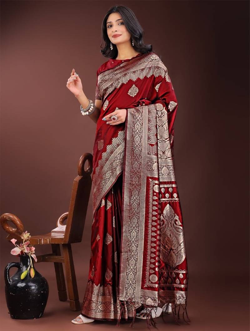 Maroon silk saree with blouse