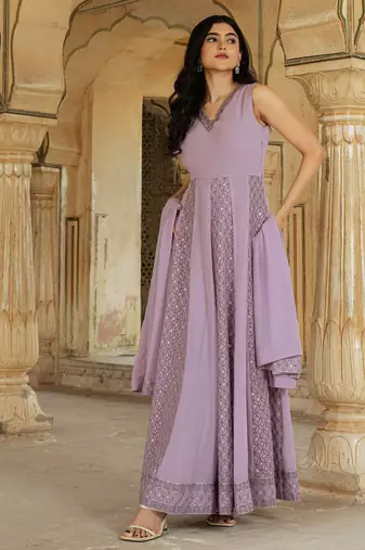 Lilac georgette embroidered gown 