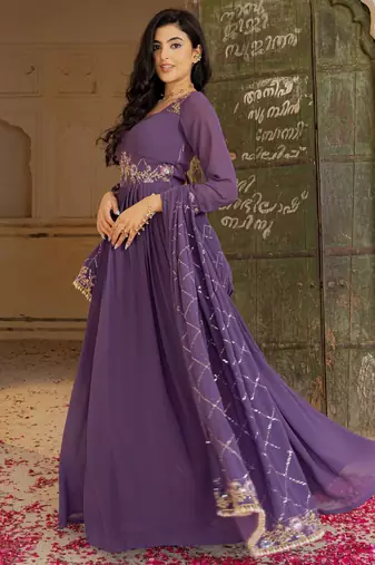Purple georgette embroidered gown 