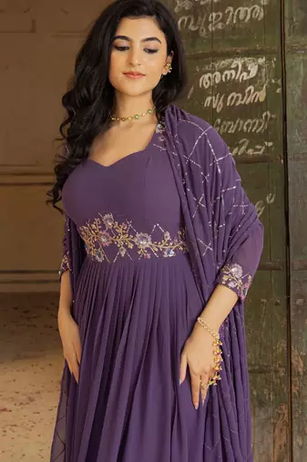 Purple georgette embroidered gown 