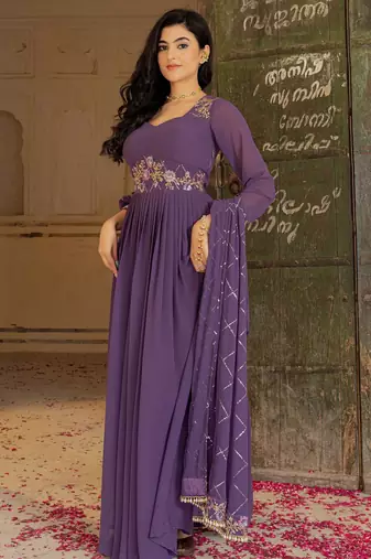 Purple georgette embroidered gown 